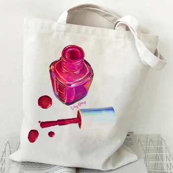 Розов лак за нокти чанта за рамо 2023 Реколта пазарска пазарска чанта платно сгъваеми жени случайни модни чанти Дамски чанти