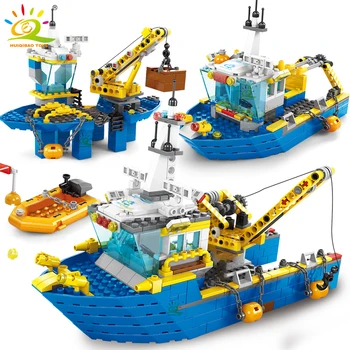HUIQIBAO ИГРАЧКИ Инженеринг лодка станция строителни блокове град строителство MOC кран кораб тухли комплект деца детски играчки за момче