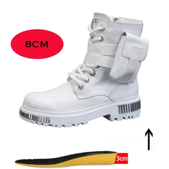 Увеличаване на височината джобни ботуши мъже 8CM мъжки ботуши на ток бели високи токчета мъжки обувки глезена stud метална обувка